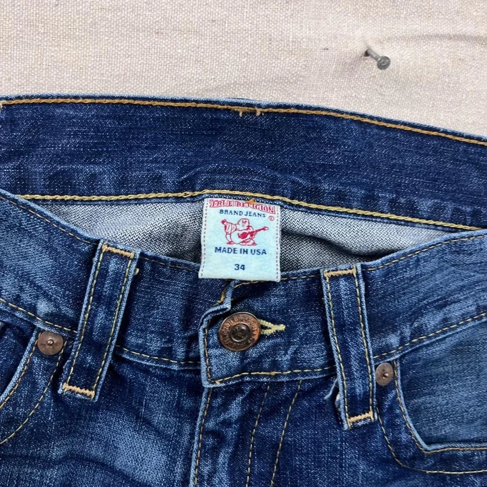 True Religion Straight Leg Jeans Mens 34 Blue Distressed Shredded Made in USA
